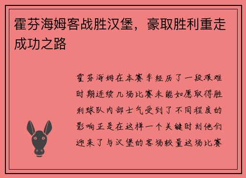 霍芬海姆客战胜汉堡，豪取胜利重走成功之路