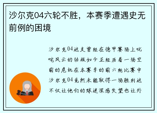 沙尔克04六轮不胜，本赛季遭遇史无前例的困境